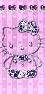 Kitty wallpaper with hearts, gems, and pink stripes.