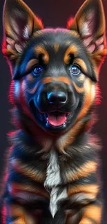 Adorable German Shepherd puppy with a vibrant glow sitting happily.