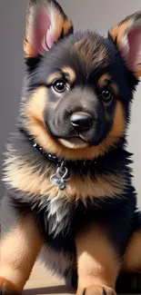 Cute German Shepherd puppy sitting on a wooden floor, looking adorable.