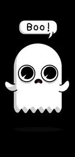 Cartoon ghost saying 'Boo!' on black background, perfect for Halloween.