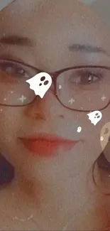 Smiling face with ghost filter and glasses, whimsical Halloween theme.