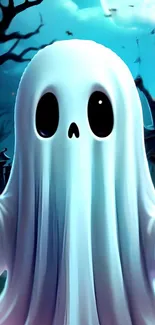 Cute ghost in haunted scene, teal blue theme.