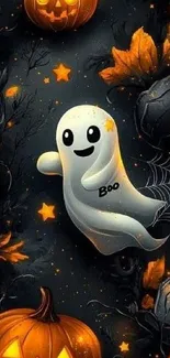 Cute ghost with pumpkins and stars on Halloween wallpaper.