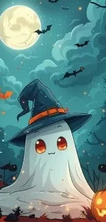 Cute ghost with witch hat under full moon with bats and pumpkins.