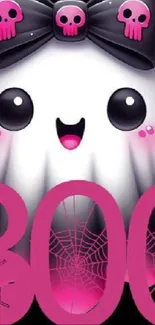 Cute ghost with pink accents and skulls on Halloween-themed wallpaper.