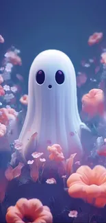 Charming wallpaper with a cute ghost among flowers.