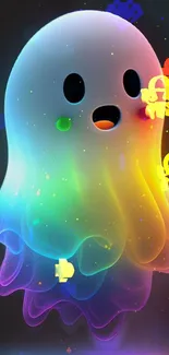 Cute ghost with rainbow gradients in a colorful mobile wallpaper.