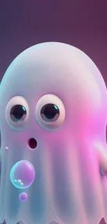 Cute cartoon ghost with purple hues background.