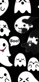 Cute ghost-themed mobile wallpaper with playful ghosts on black background.