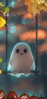 Cute ghost on swing with autumn leaves and pumpkins.