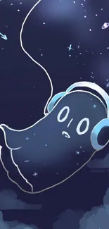 A cute ghost with headphones floats in a starry night sky.