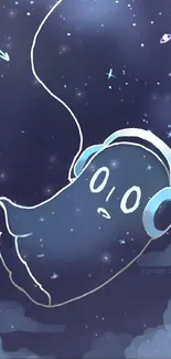 Cute ghost with headphones in starry sky wallpaper.