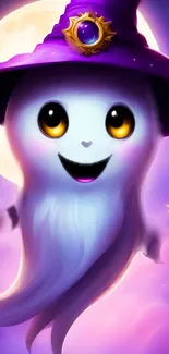 Cute ghost with a wizard hat and glowing eyes on a mobile wallpaper.