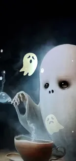 Cute ghost holding a spoon with a cup of tea.