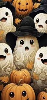 Cute ghosts and pumpkins wallpaper for Halloween.