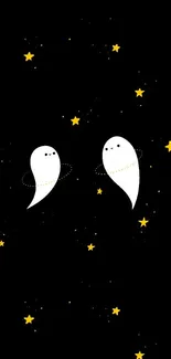 Playful ghosts with yellow stars on a black mobile wallpaper.