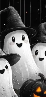 Cute ghosts in witch hats with pumpkin