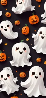 Cute ghosts and pumpkins on a Halloween-themed mobile wallpaper.