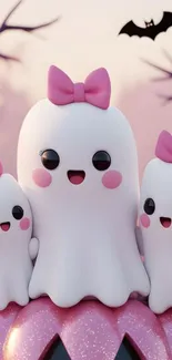 Adorable cartoon ghosts with pink bows on a pastel background.