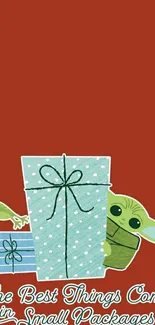 Cute wallpaper with gifts and green character on a brown background.