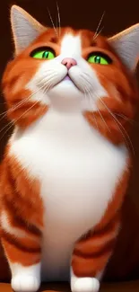 Adorable ginger cat with green eyes on a brown background.