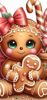 Cute gingerbread character with candy background