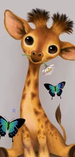 Cute giraffe holding a flower with colorful butterflies.