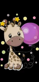 Cute cartoon giraffe holding purple balloon with colorful dots on black background.