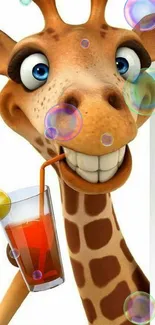 Cute cartoon giraffe sipping a drink, perfect mobile wallpaper.