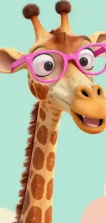 Cartoon giraffe with pink glasses on a blue background.