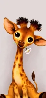 Cute cartoon giraffe holding a flower in its mouth on a light background.