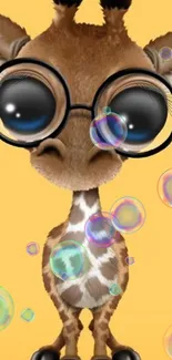 Cute cartoon giraffe with glasses on yellow background wallpaper.