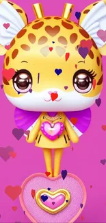 Cute cartoon giraffe on pink background with heart.