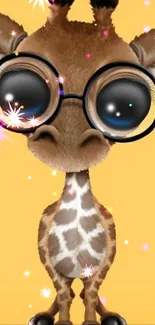 Cute giraffe with large glasses on a yellow background.