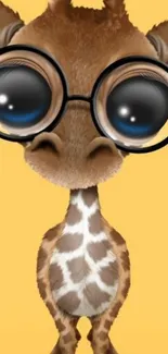 Cute cartoon giraffe with glasses on yellow background.