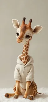 Cute illustrated giraffe in a hoodie sitting on a soft surface.