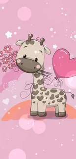 Cute giraffe with heart balloon on pink background.