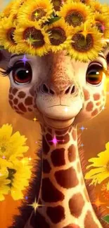 Cartoon giraffe with sunflower crown in a bright floral background.