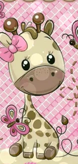 Cartoon giraffe with butterflies on a pink background.