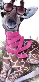 Cute giraffe wearing sunglasses and pink ribbon on grass.