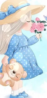 Cute girl with teddy bear and pink roses in blue polka dot dress.