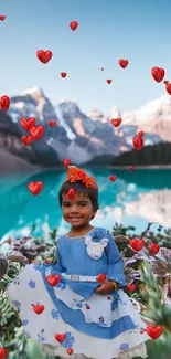 Charming girl by lake with heart decorations.