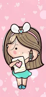 Cartoon girl holding a heart with a pink background.