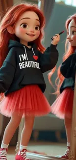 Animated girl in front of mirror with joyful expression.