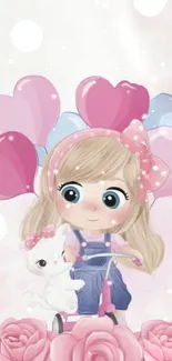 Cute girl with balloons and kitten illustration.