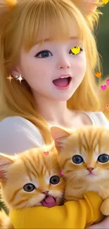 Cute anime girl holding fluffy kittens in vibrant orange tones.