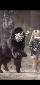 Girl and dog in forest holding flowers.