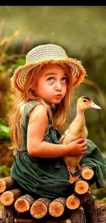 A little girl with a duckling in a lush green background, wearing a straw hat.