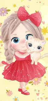 Cute cartoon girl with kitten and flowers.