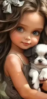 Illustrated girl holding a cute puppy.